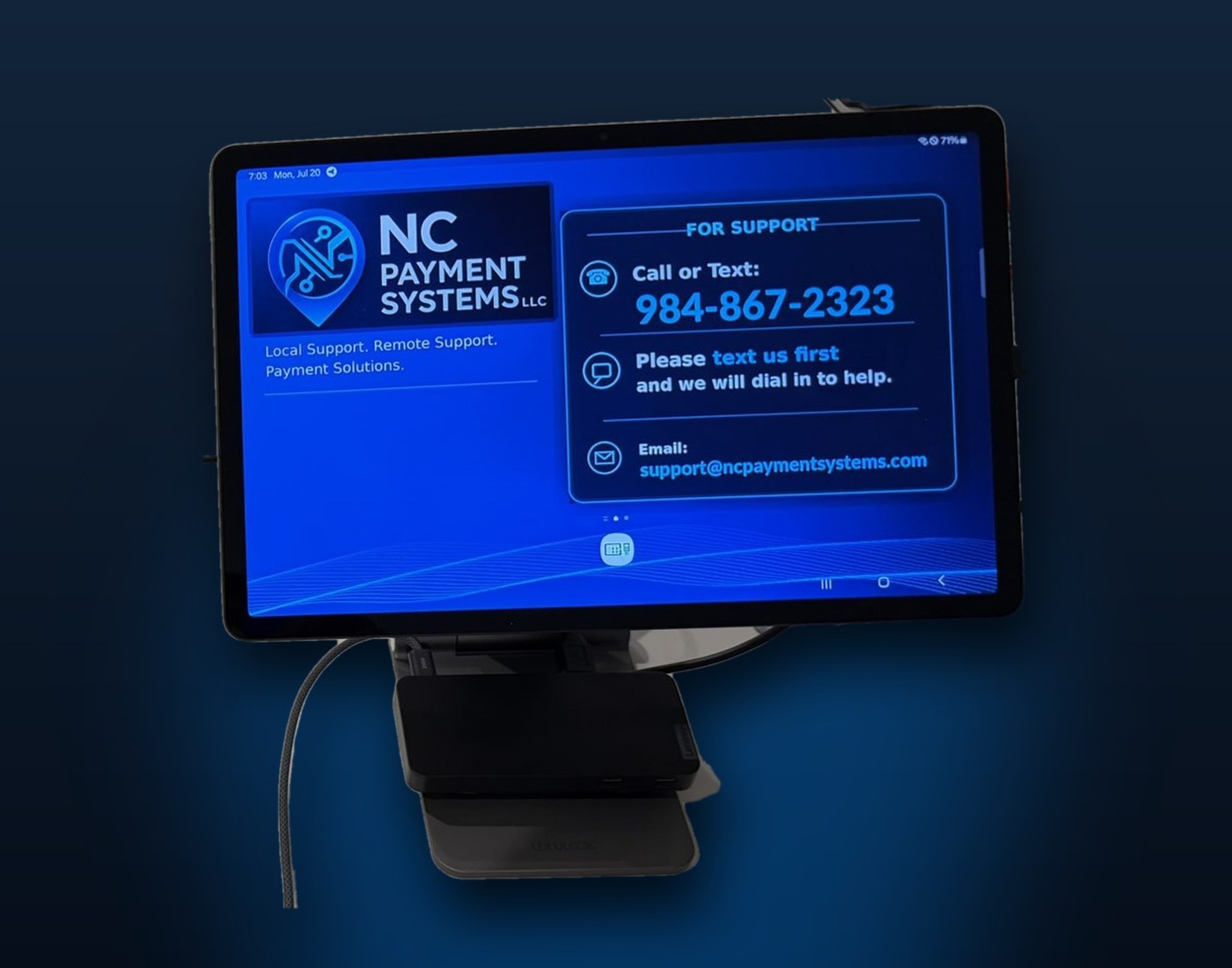 POS terminal with the NC Payment Systems support screen